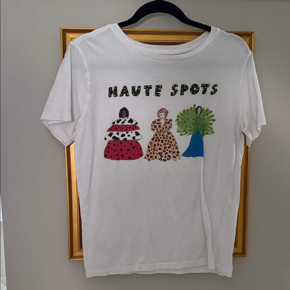 White Graphic Tee with 'Haute Spots' Design